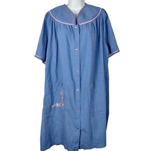 Smart Time Vintage Blue Snap Front House Dress Duster Quilted Floral Embroidered